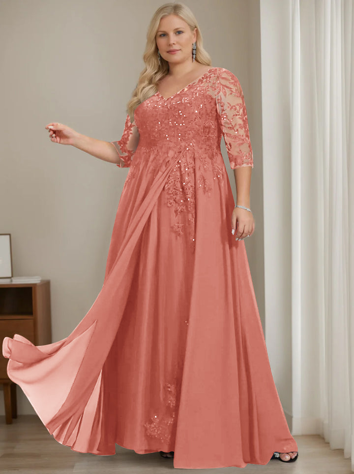 A-Line/Princess V-Neck Half Sleeves Floor-Length Plus Size Mother of the Bride Dresses with Sequins