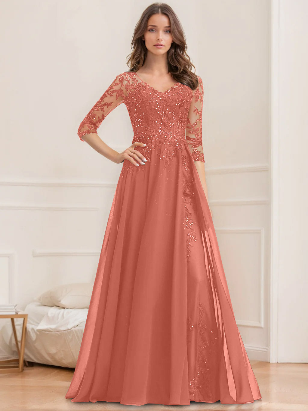 A-Line/Princess V-Neck Half Sleeves Floor-Length Mother of the Bride Dresses with Sequins