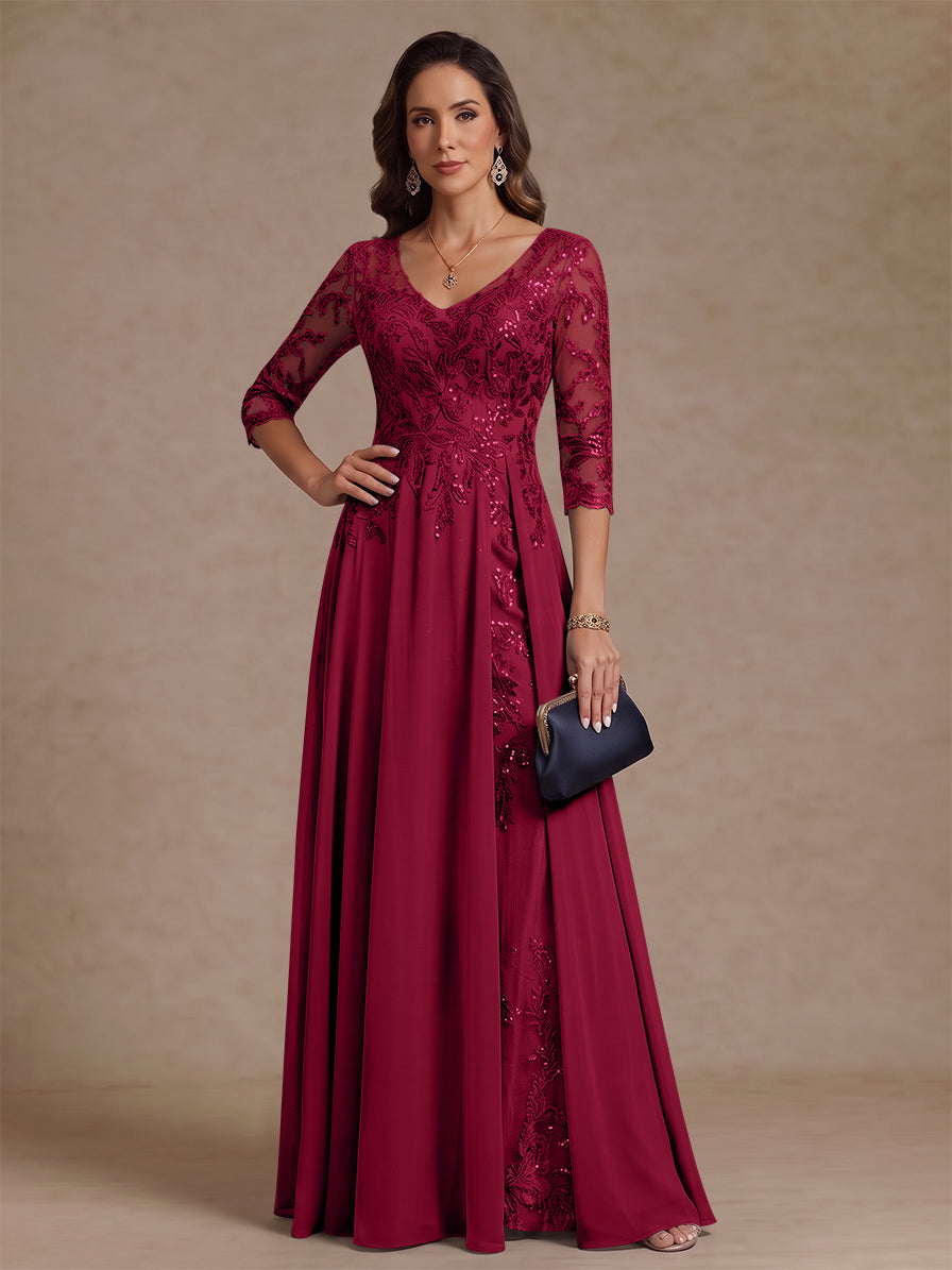 A-Line/Princess V-Neck Half Sleeves Floor-Length Mother of the Bride Dresses with Sequins