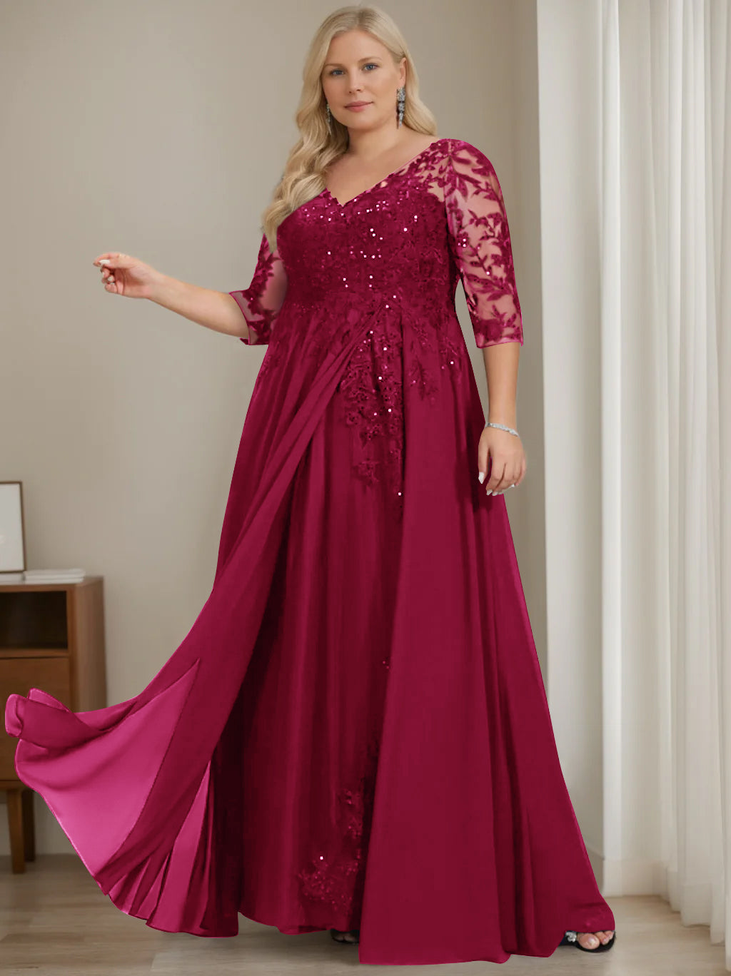 A-Line/Princess V-Neck Half Sleeves Floor-Length Plus Size Mother