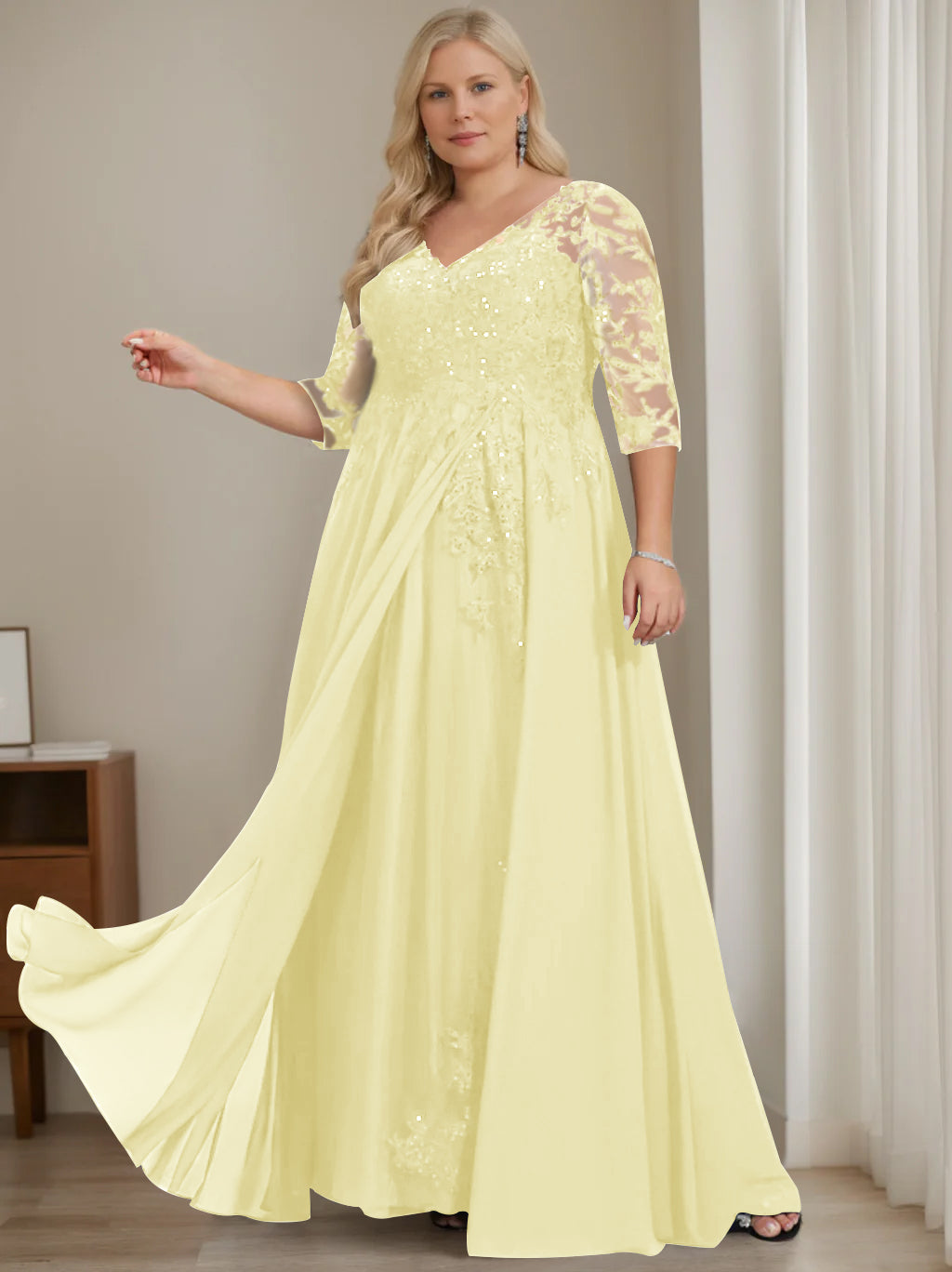 A-Line/Princess V-Neck Half Sleeves Floor-Length Plus SizeMother of the Bride Dresses with Pleated