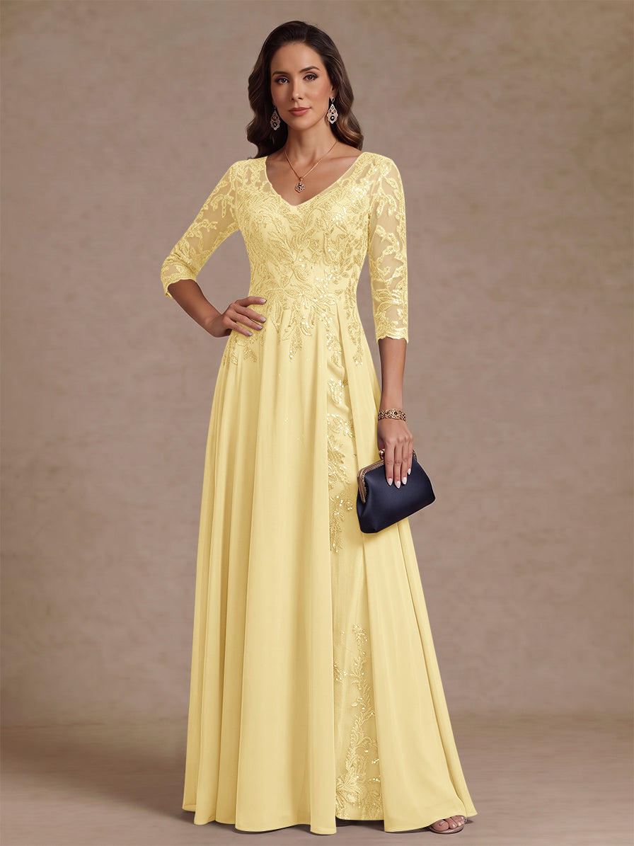 A-Line/Princess V-Neck Half Sleeves Floor-Length Mother of the Bride Dresses with Sequins
