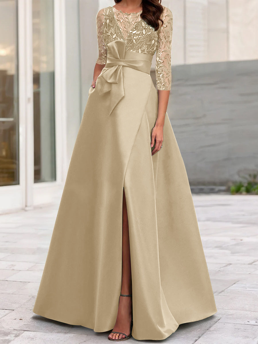 A-Line/Princess Illusion Neck 3/4 Sleeve Mother Of The Bride Dresses With Split Side Champagne A-Line/Princess Illusion Neck 3/4 Sleeve Mother Of The Bride Dresses With Split Side Champagne