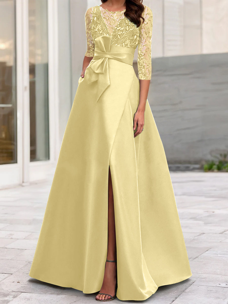 A-Line/Princess Illusion Neck 3/4 Sleeve Mother Of The Bride Dresses With Split Side Daffodil A-Line/Princess Illusion Neck 3/4 Sleeve Mother Of The Bride Dresses With Split Side Daffodil