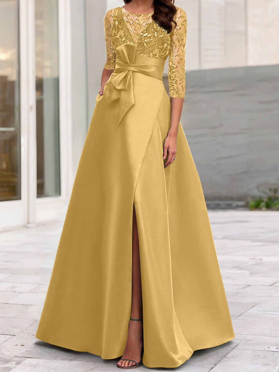 A-Line/Princess Illusion Neck 3/4 Sleeve Mother Of The Bride Dresses With Split Side Gold A-Line/Princess Illusion Neck 3/4 Sleeve Mother Of The Bride Dresses With Split Side Gold