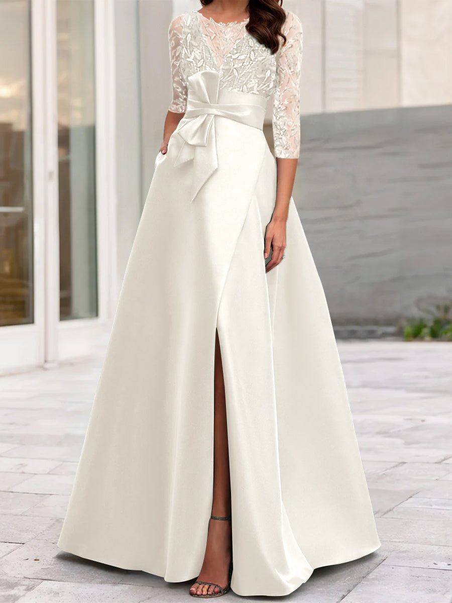 A-Line/Princess Illusion Neck 3/4 Sleeve Mother Of The Bride Dresses With Split Side Ivory A-Line/Princess Illusion Neck 3/4 Sleeve Mother Of The Bride Dresses With Split Side Ivory