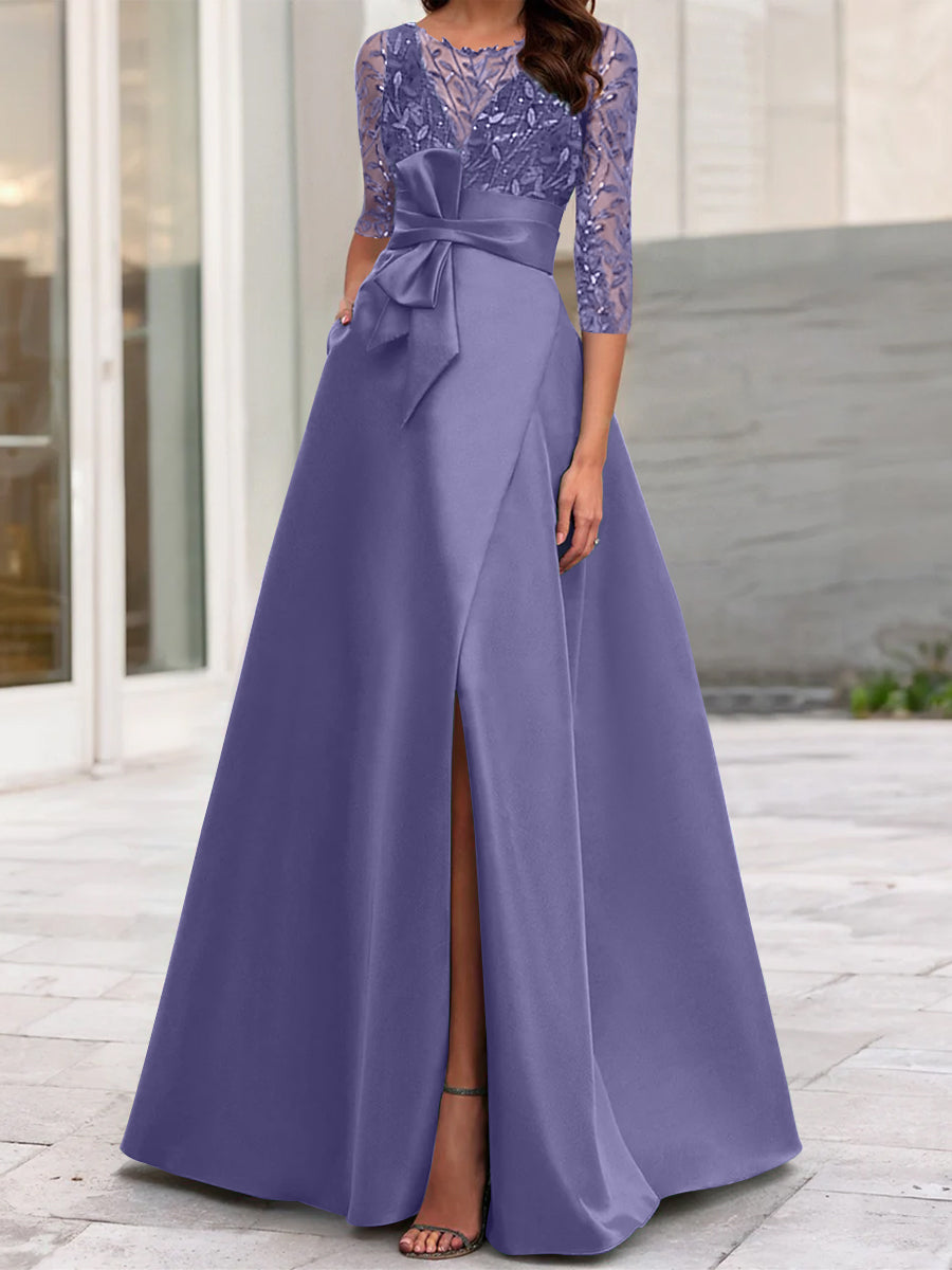 A-Line/Princess Illusion Neck 3/4 Sleeve Mother Of The Bride Dresses With Split Side Lavender A-Line/Princess Illusion Neck 3/4 Sleeve Mother Of The Bride Dresses With Split Side Lavender