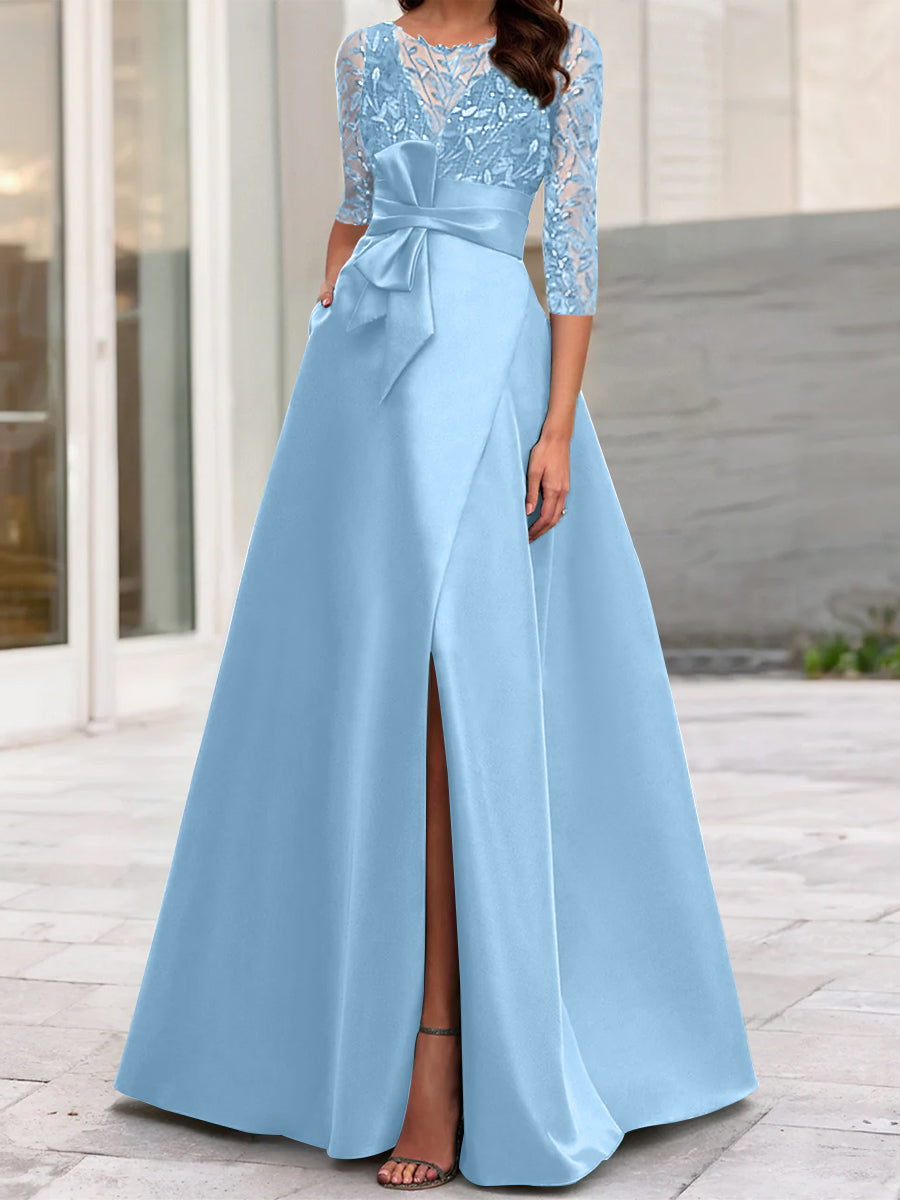 A-Line/Princess Illusion Neck 3/4 Sleeve Mother Of The Bride Dresses With Split Side Light Blue A-Line/Princess Illusion Neck 3/4 Sleeve Mother Of The Bride Dresses With Split Side Light Blue