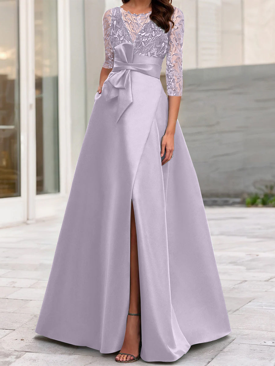 A-Line/Princess Illusion Neck 3/4 Sleeve Mother Of The Bride Dresses With Split Side Lilac A-Line/Princess Illusion Neck 3/4 Sleeve Mother Of The Bride Dresses With Split Side Lilac