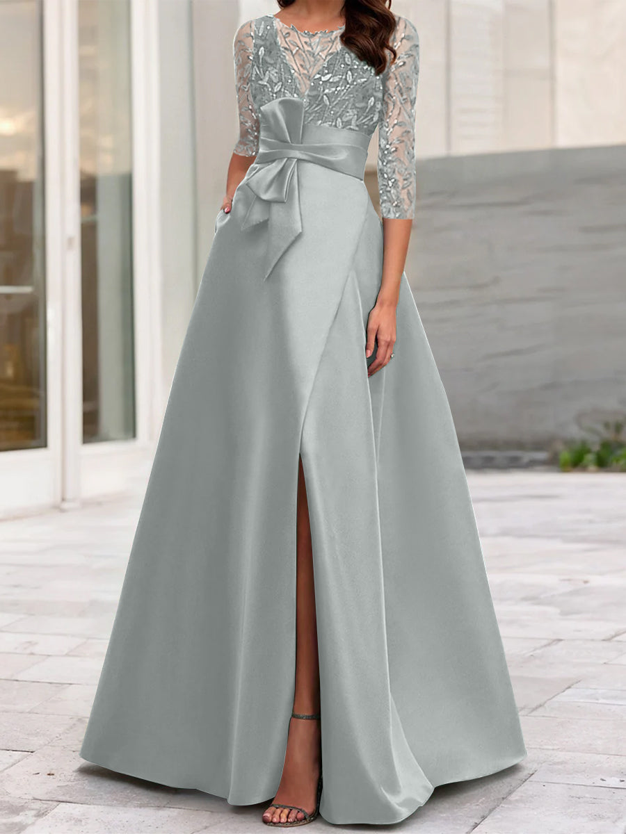 A-Line/Princess Illusion Neck 3/4 Sleeve Mother Of The Bride Dresses With Split Side Silver A-Line/Princess Illusion Neck 3/4 Sleeve Mother Of The Bride Dresses With Split Side Silver