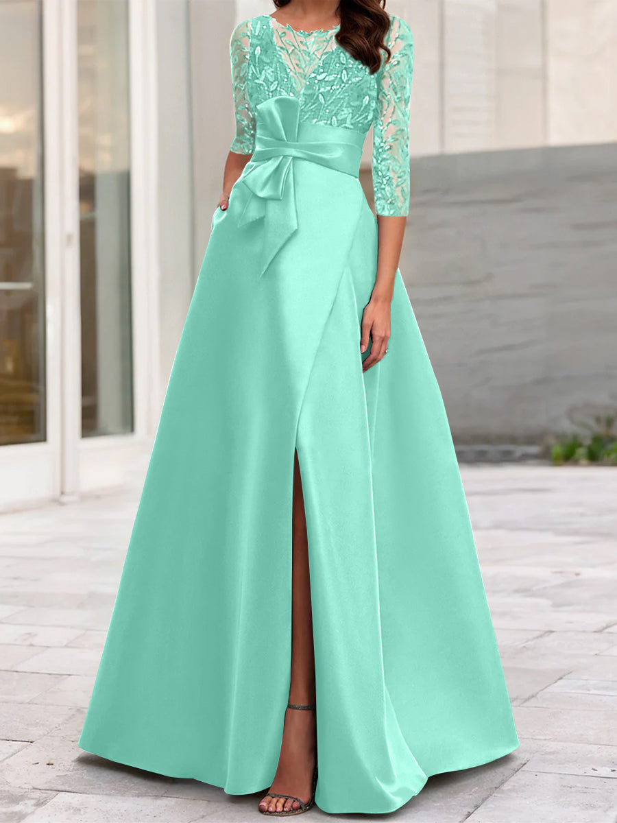 A-Line/Princess Illusion Neck 3/4 Sleeve Mother Of The Bride Dresses With Split Side Spa A-Line/Princess Illusion Neck 3/4 Sleeve Mother Of The Bride Dresses With Split Side Spa