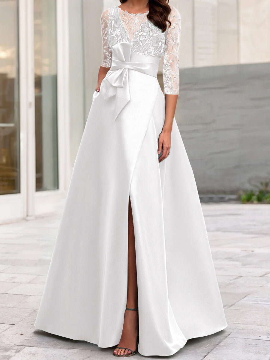 A-Line/Princess Illusion Neck 3/4 Sleeve Mother Of The Bride Dresses With Split Side White A-Line/Princess Illusion Neck 3/4 Sleeve Mother Of The Bride Dresses With Split Side White