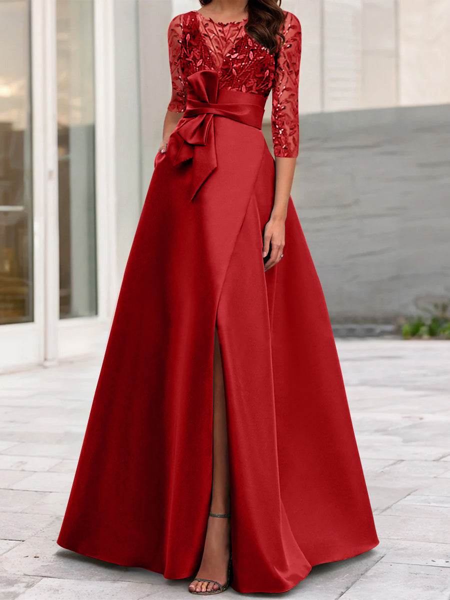 A-Line/Princess Illusion Neck 3/4 Sleeve Mother Of The Bride Dresses With Split Side Red A-Line/Princess Illusion Neck 3/4 Sleeve Mother Of The Bride Dresses With Split Side Red