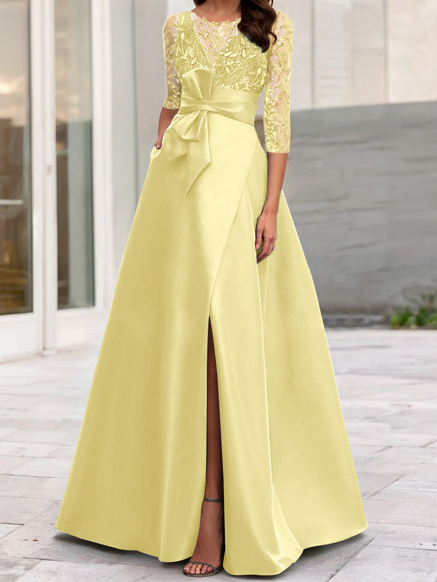 A-Line/Princess Illusion Neck 3/4 Sleeve Mother Of The Bride Dresses W - Mondressy A-Line/Princess Illusion Neck 3/4 Sleeve Mother Of The Bride Dresses W - Mondressy