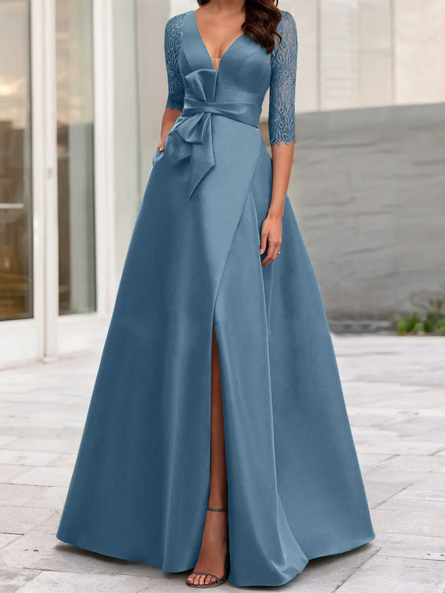Satin Mother Of The Bride Dresses 2026 Women's A-Line V-Neck Half Sleeves Wedding Guest Party Formal Evening GownsWith Split Side, Steel Blue