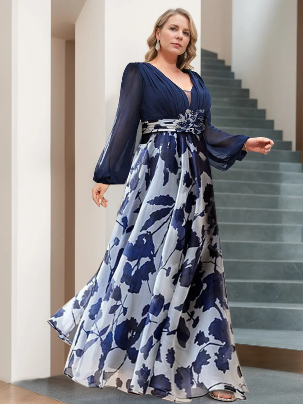 A Line/Princess V-Neck Long Sleeves Floor Length Floral Plus Size Mother of the Bride Dresses With Flower