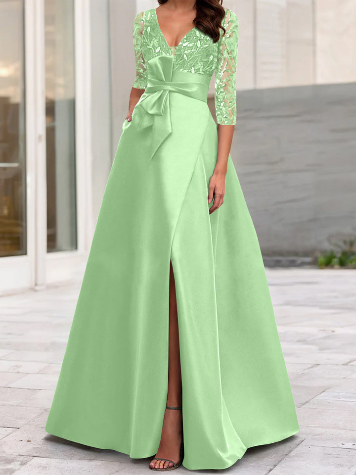 A-Line/Princess V-Neck Floor-Length Mother of the Bride Dresses with Split Side Ruffles Sequins Bow(s)