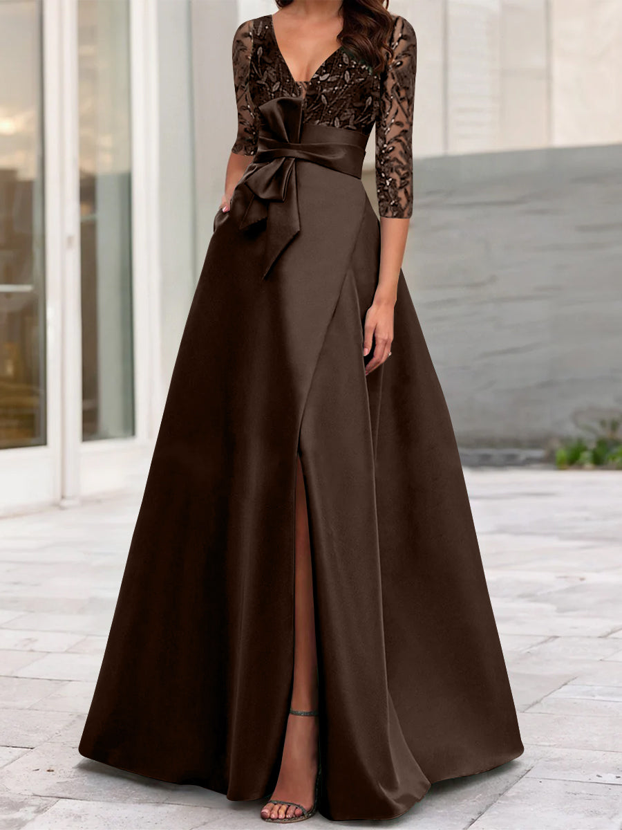 A-Line/Princess V-Neck Floor-Length Mother of the Bride Dresses with Split Side Ruffles Sequins Bow(s) Chocolate A-Line/Princess V-Neck Floor-Length Mother of the Bride Dresses with Split Side Ruffles Sequins Bow(s) Chocolate