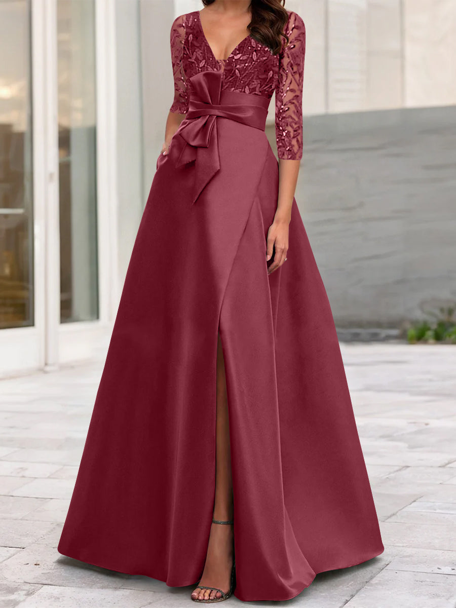Mondressy Mother of the Bride Dresses Satin 2026 Women's A-Line V-Neck Half Sleeves Floor-Length Wedding Guest Formal Evening Gowns with Split Side, Mondressy Mother of the Bride Dresses Satin 2026 Women's A-Line V-Neck Half Sleeves Floor-Length Wedding Guest Formal Evening Gowns with Split Side,