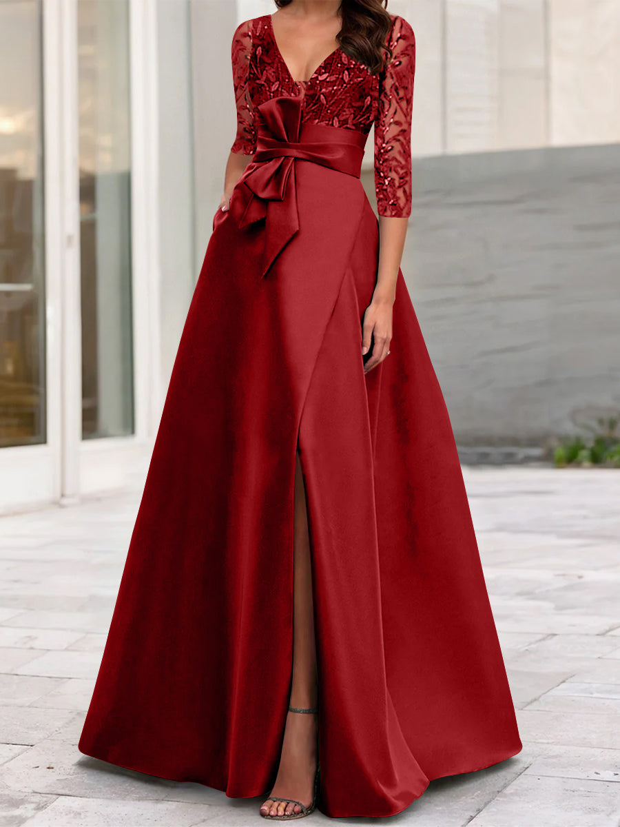 A-Line/Princess V-Neck Floor-Length Mother of the Bride Dresses with Split Side Ruffles Sequins Bow(s) Dark Red A-Line/Princess V-Neck Floor-Length Mother of the Bride Dresses with Split Side Ruffles Sequins Bow(s) Dark Red