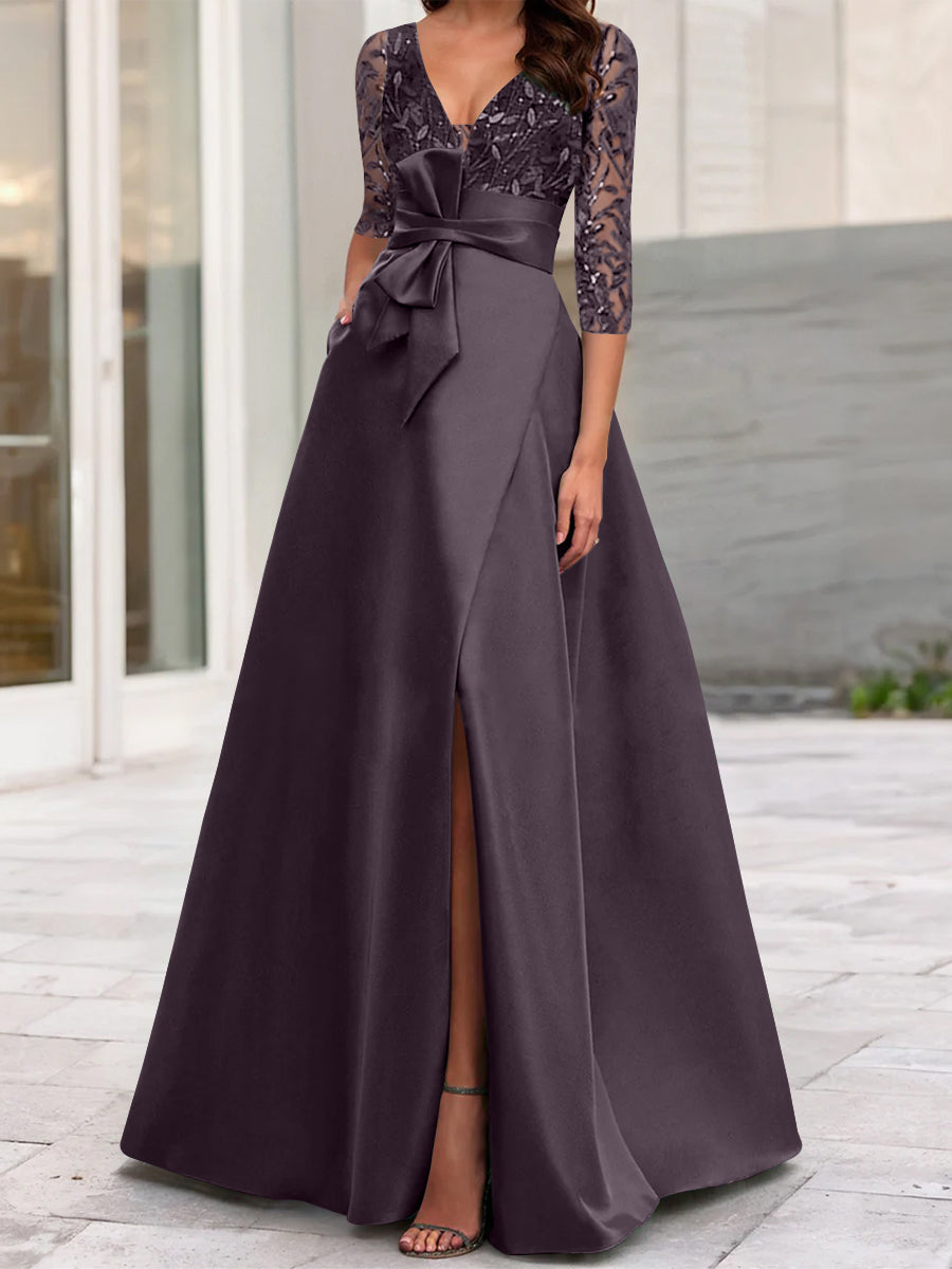 A-Line/Princess V-Neck Floor-Length Mother of the Bride Dresses with Split Side Ruffles Sequins Bow(s) Black