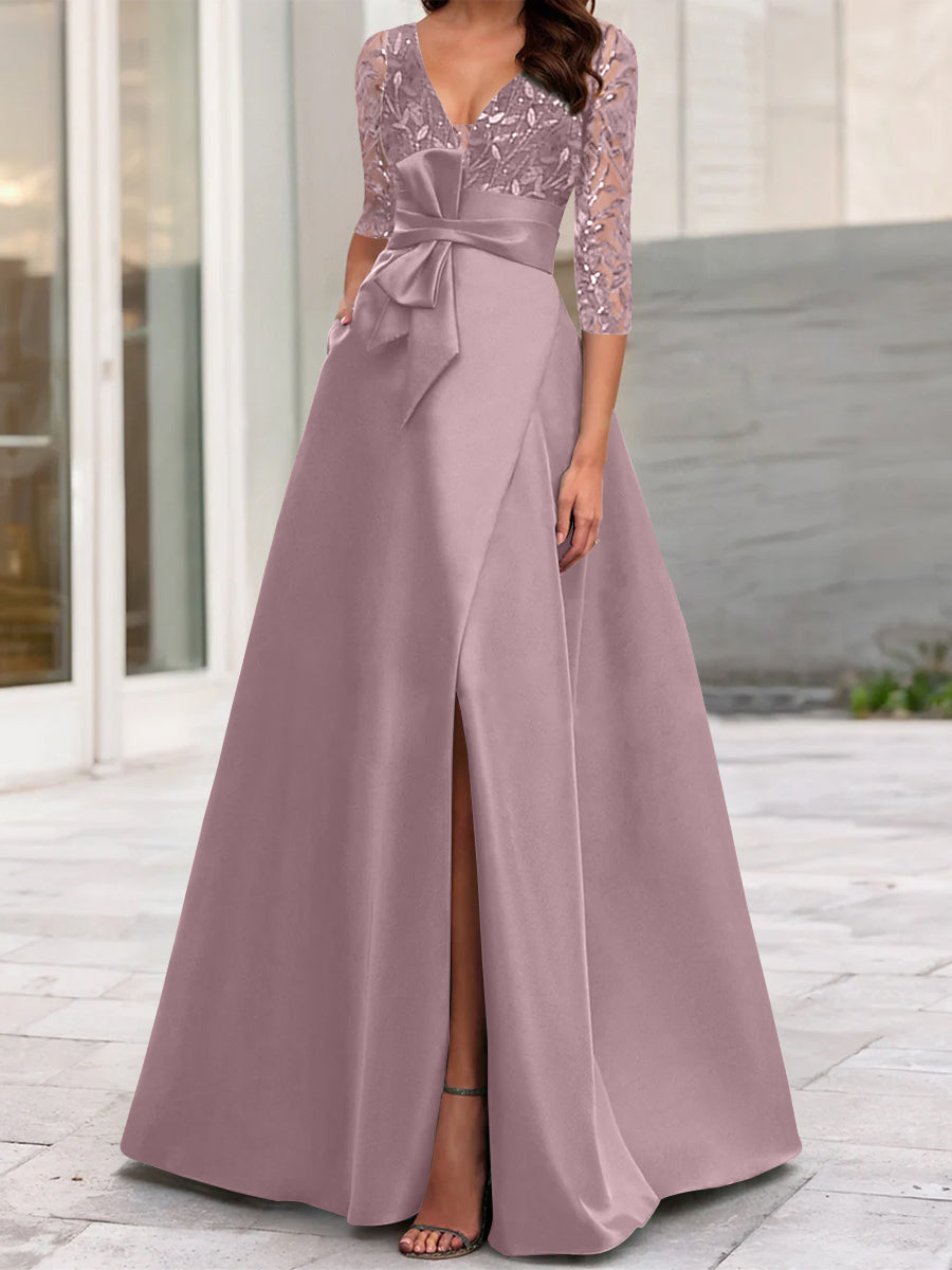 A-Line/Princess V-Neck Floor-Length Mother of the Bride Dresses with Split Side Ruffles Sequins Bow(s)