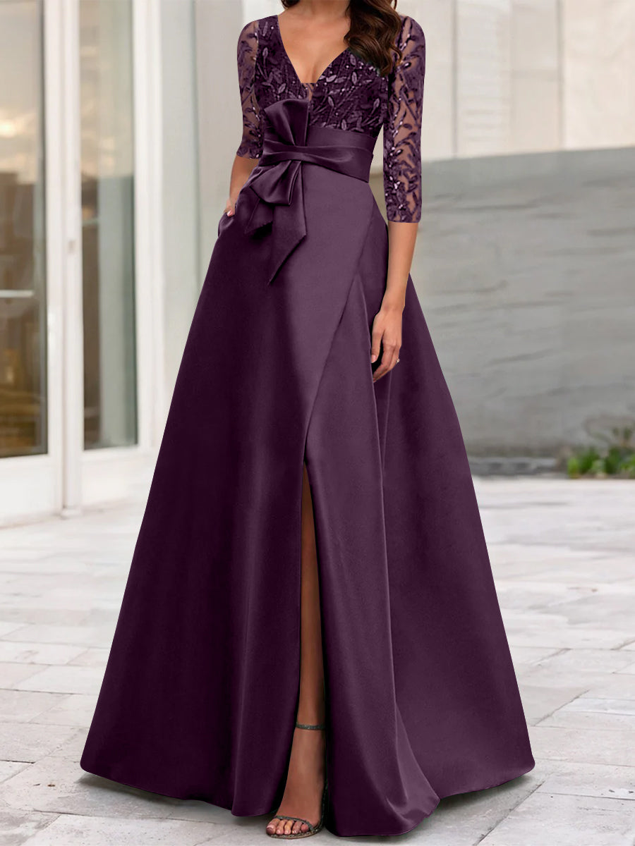 A-Line/Princess V-Neck Floor-Length Mother of the Bride Dresses with Split Side Ruffles Sequins Bow(s) Cabernet