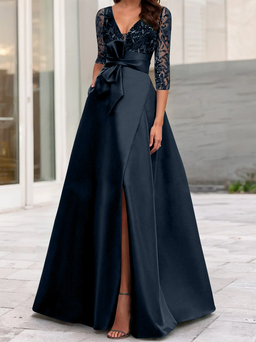 A-Line/Princess V-Neck Floor-Length Mother of the Bride Dresses with Split Side Ruffles Sequins Bow(s)