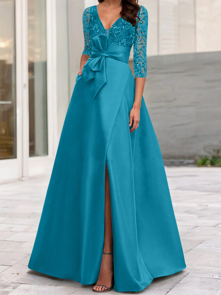 A-Line/Princess V-Neck Floor-Length Mother of the Bride Dresses with Split Side Ruffles Sequins Bow(s)