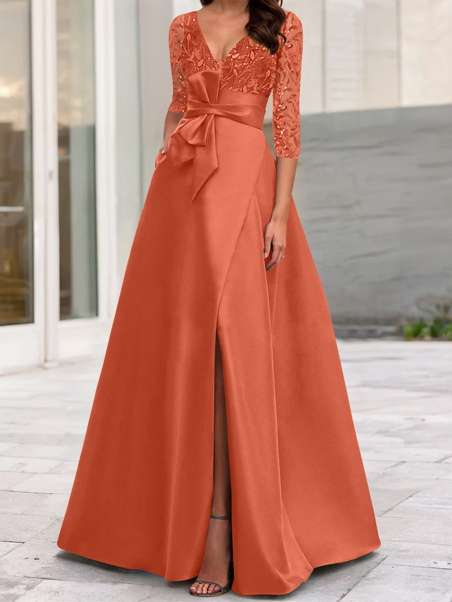 A-Line/Princess V-Neck Floor-Length Mother of the Bride Dresses with Split Side Ruffles Sequins Bow(s) Papaya