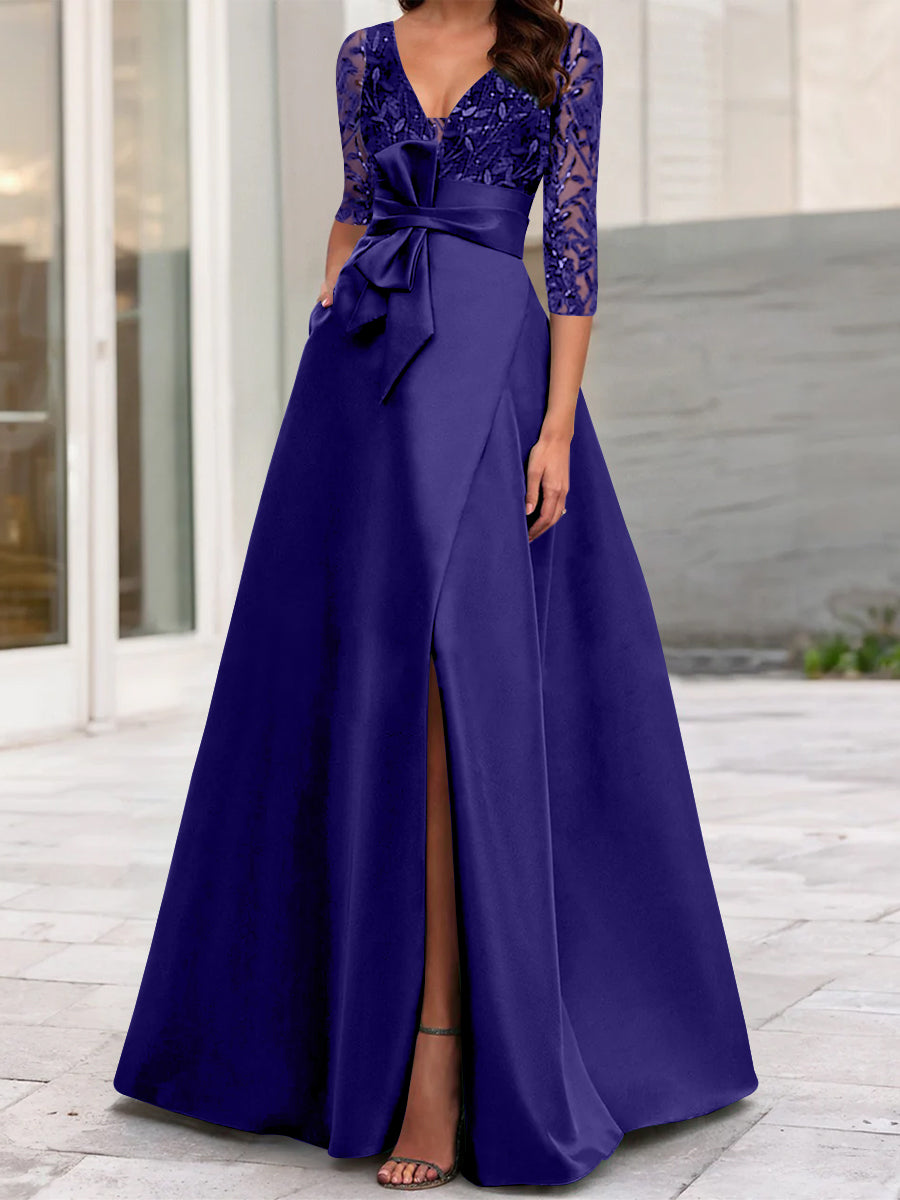 a line princess v neck floor length ruffles satin dresses A-Line/Princess V-Neck Floor-Length Mother of the Bride Dresses with Split Side Ruffles Sequins Bow(s) Dark Green