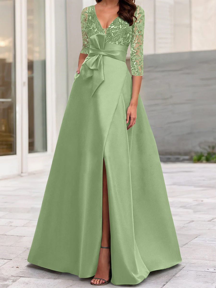 A-Line/Princess V-Neck Floor-Length Mother of the Bride Dresses with Split Side Ruffles Sequins Bow(s)