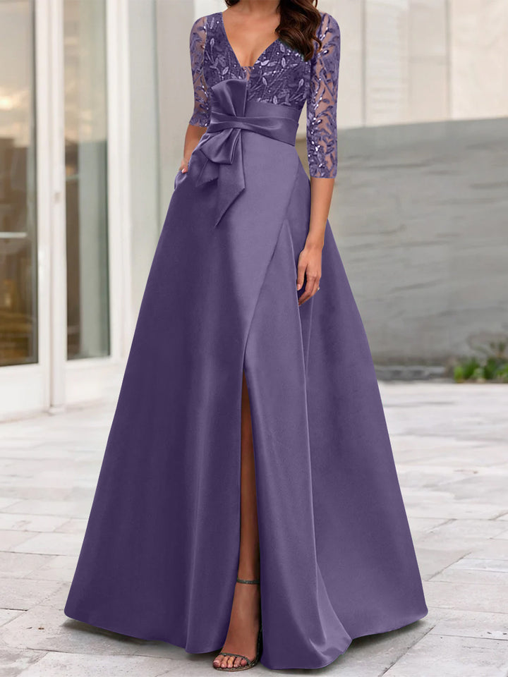 A-Line/Princess V-Neck Floor-Length Mother of the Bride Dresses with Split Side Ruffles Sequins Bow(s)