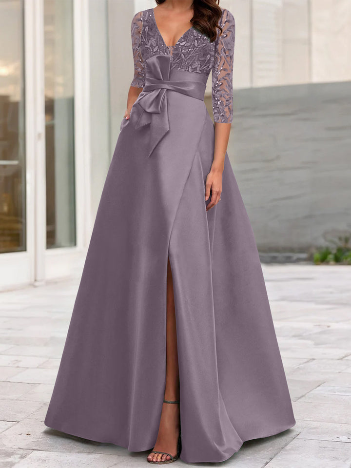 A-Line/Princess V-Neck Floor-Length Mother of the Bride Dresses with Split Side Ruffles Sequins Bow(s)