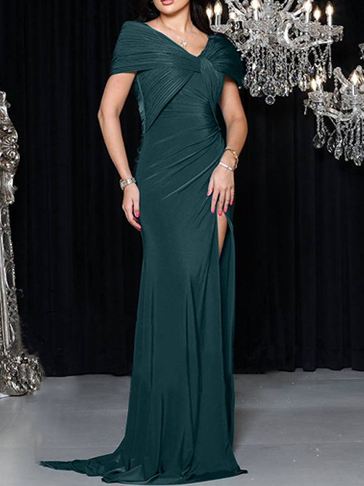 Trumpet/Mermaid Floor-Length V-Neck Sleeveless Silk Like Satin Mother Of The Bride Dresses With High Split