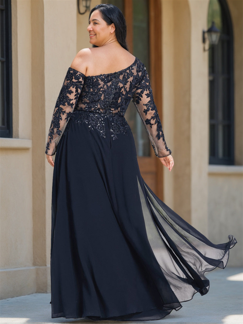 A-Line/Princess One-Shoulder Long Sleeves Floor Length Plus Size Mother of the Bride Dresses with High Split