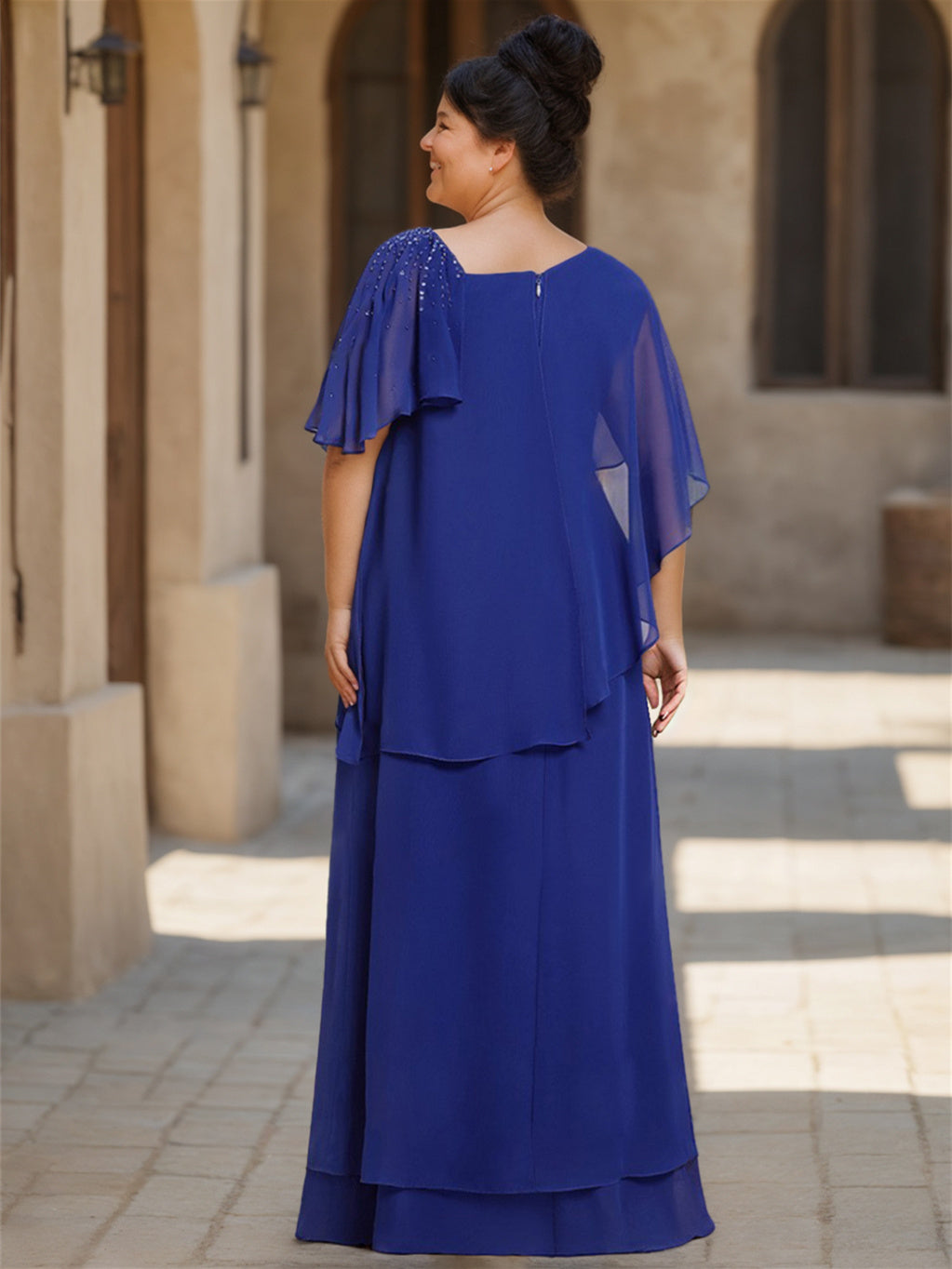 Sheath/Column Chiffon Floor-Length Short Sleeves Asymmetrical Ruffle Mother of the Bride Dresses