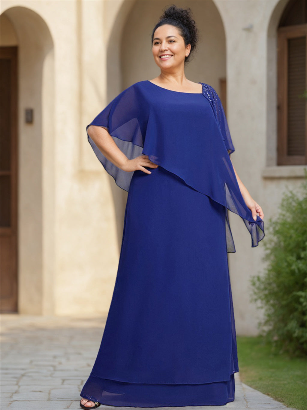 Sheath/Column Chiffon Floor-Length Short Sleeves Asymmetrical Ruffle Mother of the Bride Dresses