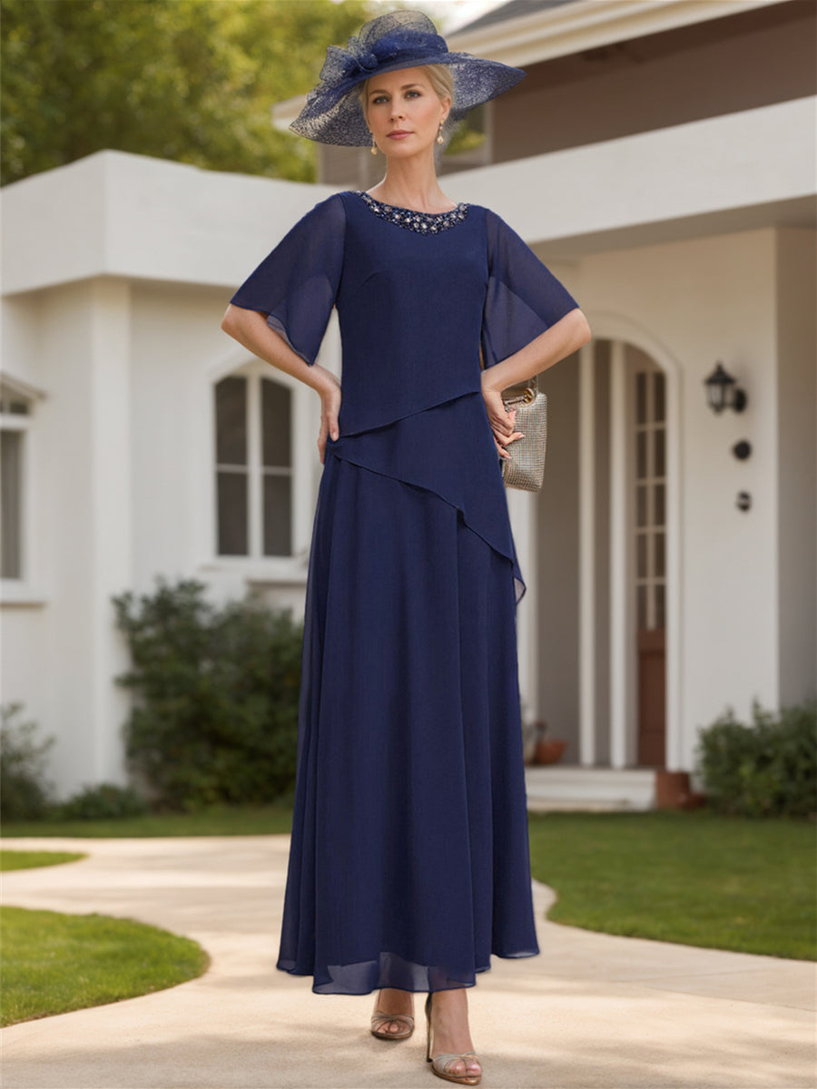 2026 Mother of the Bride Dresses Women's Elegant A-Line/Princess Chiffon Ankle-Length 1/2 Sleeves Wedding Guest Formal Dress, Navy Blue