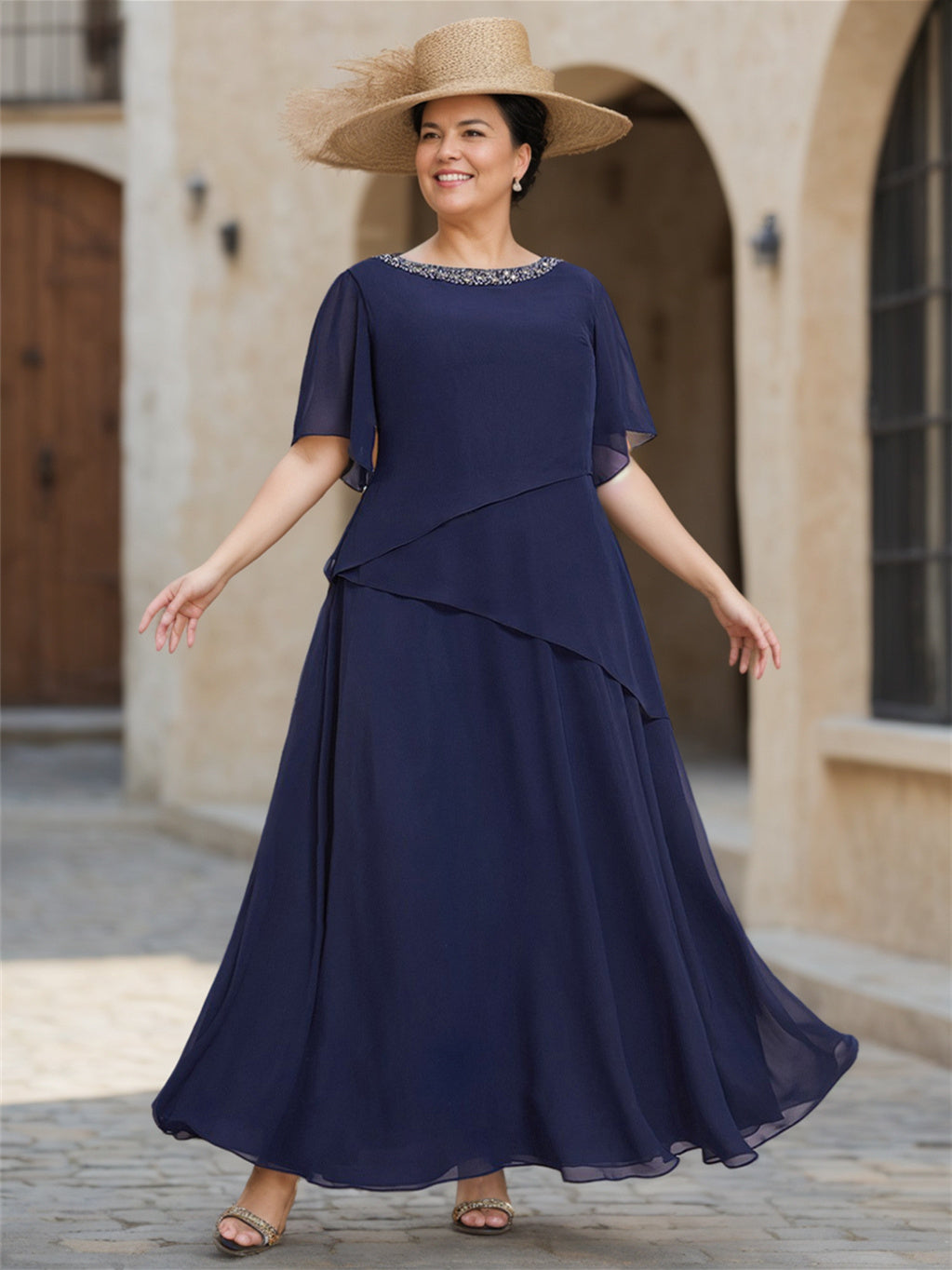 A-Line/Princess Chiffon Scoop Half Sleeves Mother of the Bride Dresses with Watteau Train