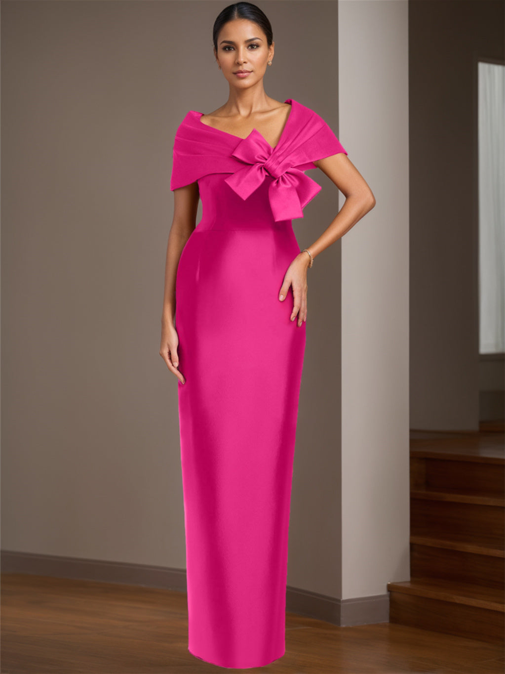 Sheath/Column Satin Floor-Length Sleeveless Asymmetrical Bow(s) Mother of the Bride Dresses