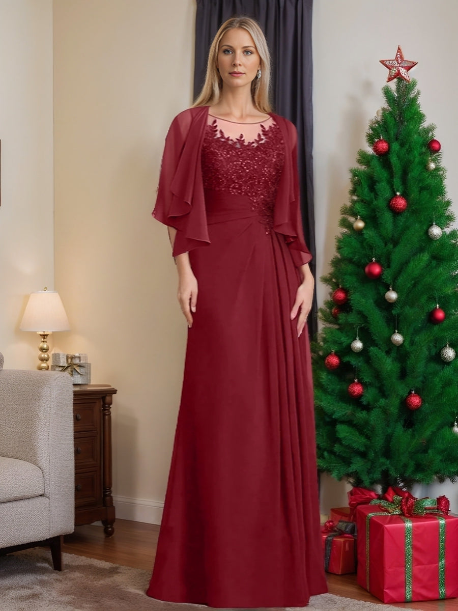 A-Line/Princess Scoop Long Sleeves Floor-Length Plus Size Mother of the Bride Dresses with Sequins main image 1