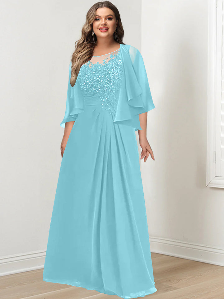 A-Line/Princess Scoop Floor-Length Plus Size Mother of the Bride Dresses with Pleated & Sequins