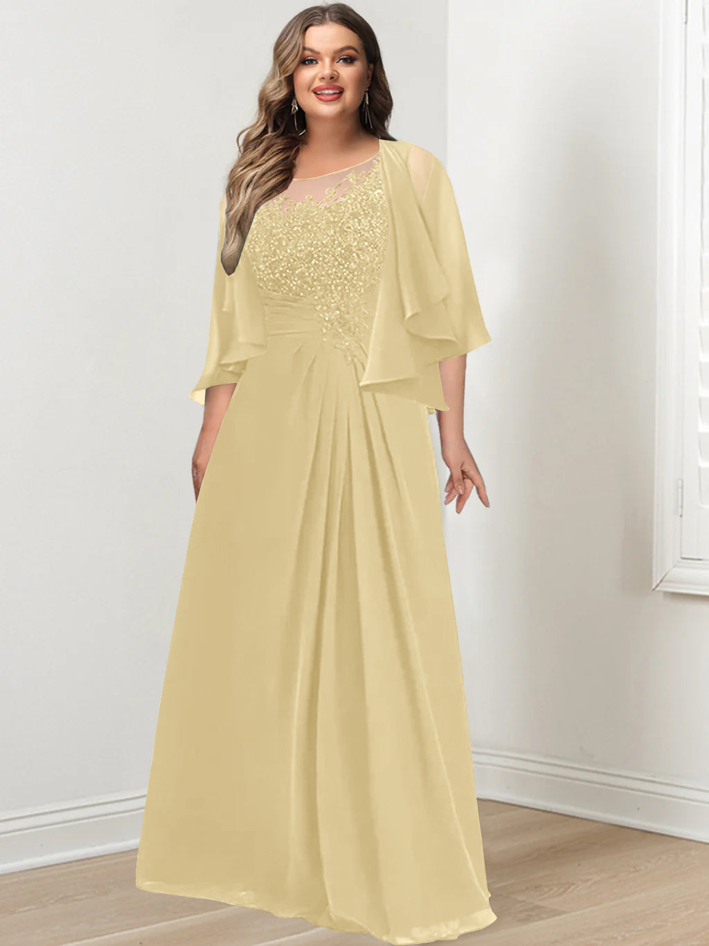 A-Line/Princess Scoop Floor-Length Plus Size Mother of the Bride Dresses with Pleated & Sequins