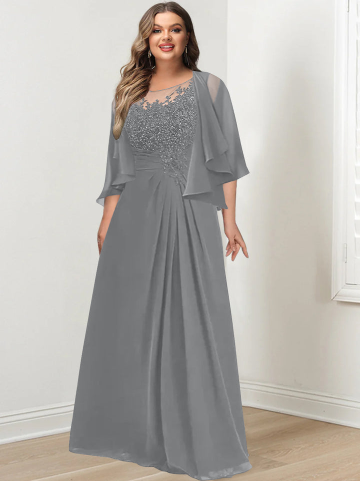A-Line/Princess Scoop Floor-Length Plus Size Mother of the Bride Dresses with Pleated & Sequins