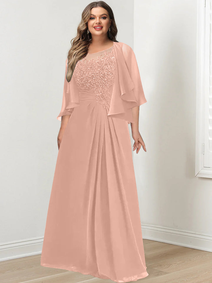 A-Line/Princess Scoop Floor-Length Plus Size Mother of the Bride Dresses with Pleated & Sequins