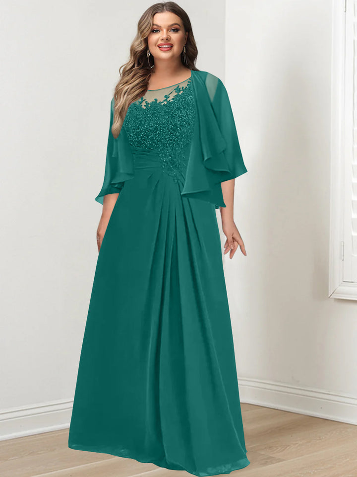 A-Line/Princess Scoop Floor-Length Plus Size Mother of the Bride Dresses with Pleated & Sequins