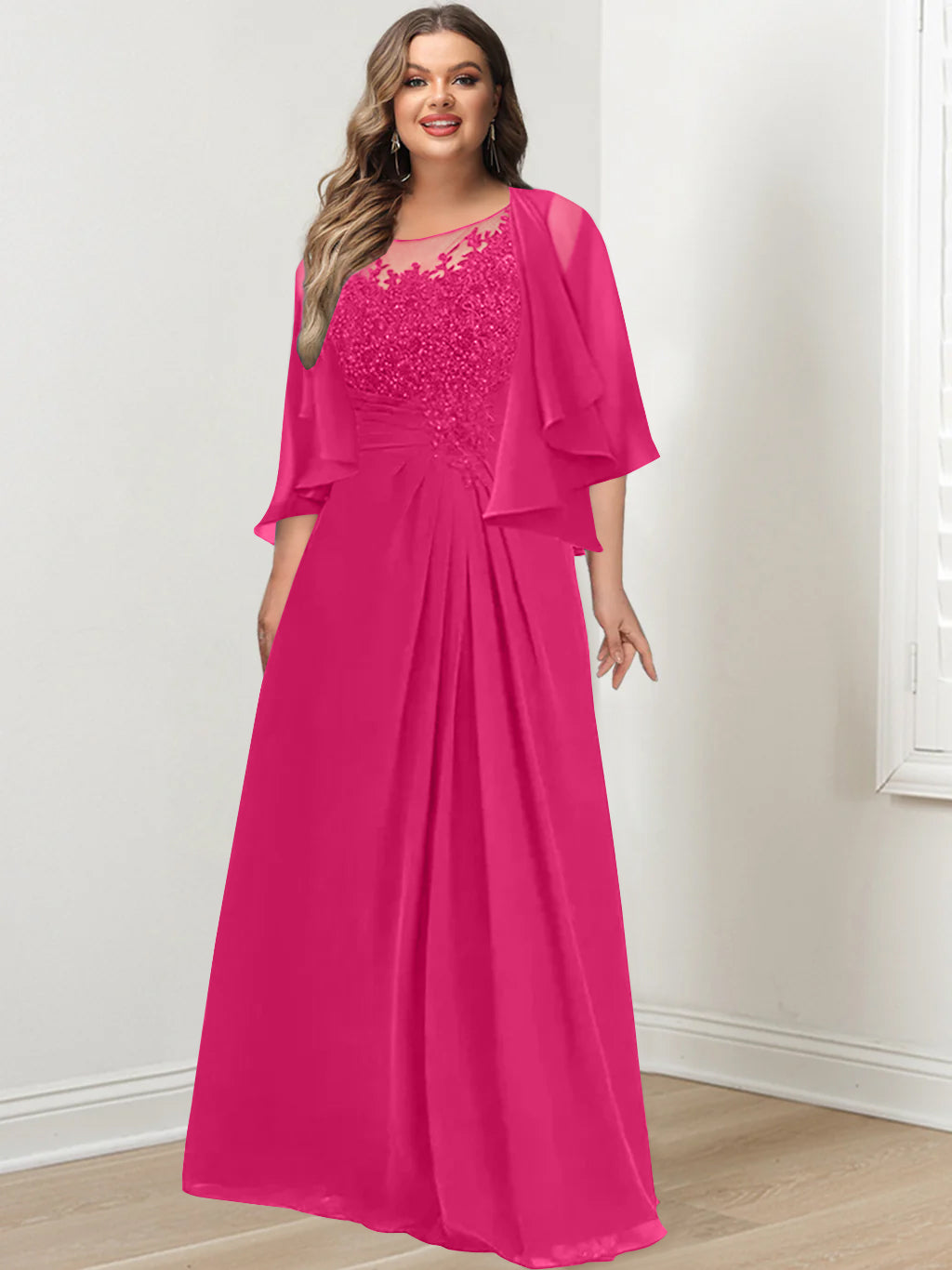 A-Line/Princess Scoop Floor-Length Plus Size Mother of the Bride Dresses with Pleated & Sequins