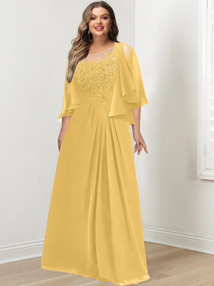 A-Line/Princess Scoop Floor-Length Plus Size Mother of the Bride Dresses with Pleated & Sequins