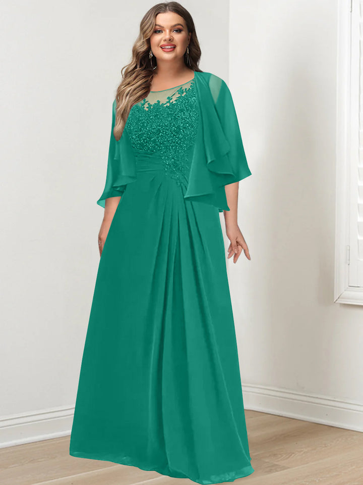 A-Line/Princess Scoop Floor-Length Plus Size Mother of the Bride Dresses with Pleated & Sequins